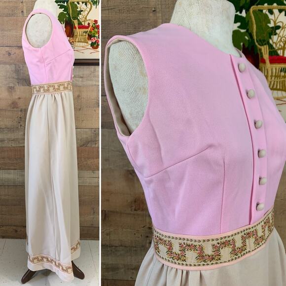 Vintage 1970’s Vicky Vaughn Romantic Embroidered Maxi Dress Mod - Picture 2 of 9